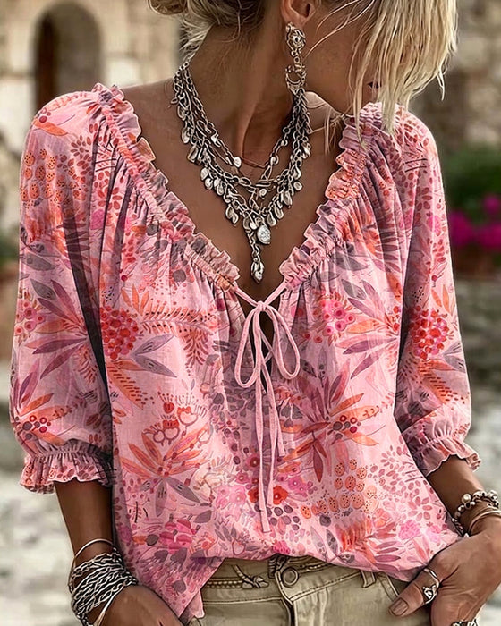 Blouse V-Hals Met Vetersluiting