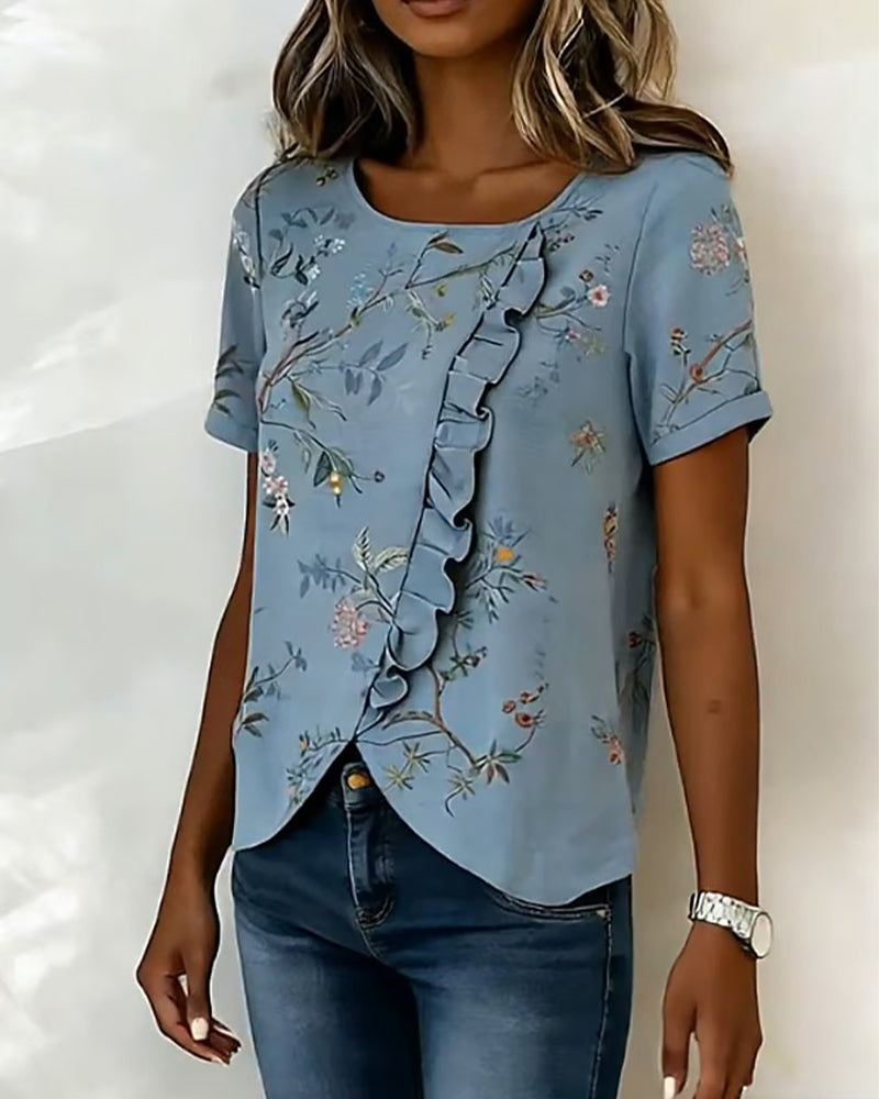 Blouse Ronde Hals Korte Mouw Ruche Bloemen
