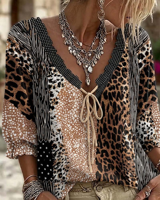 Blouse V-Hals Luipaard Stip Ballon Mouw