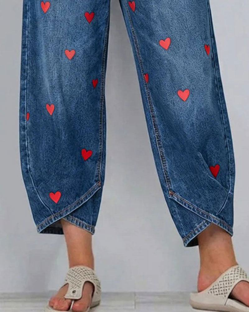 Broek Hart Print Denim Enkel