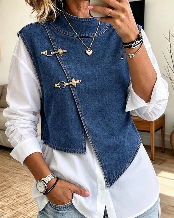 Set Schuine Knoop Staande Kraag Vest Shirt