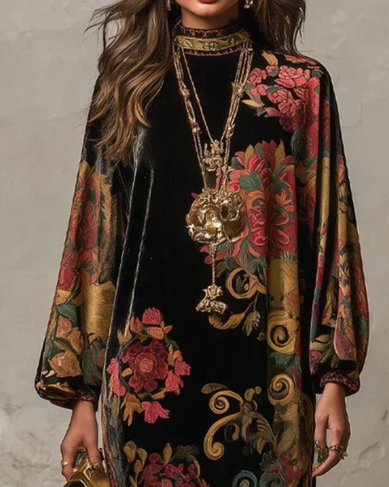 Jurk Mock-Neck Floral Velvet Langmouw Maxi