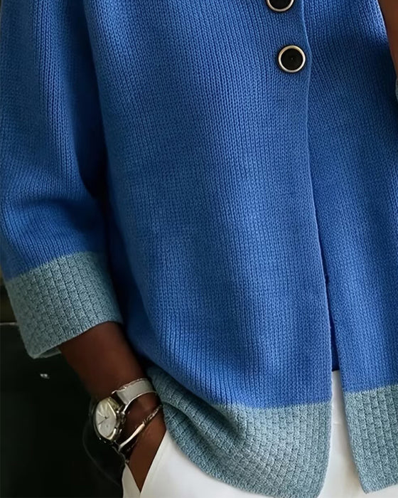 Cardigan Contrastkleur V-Hals Twee-Knoops