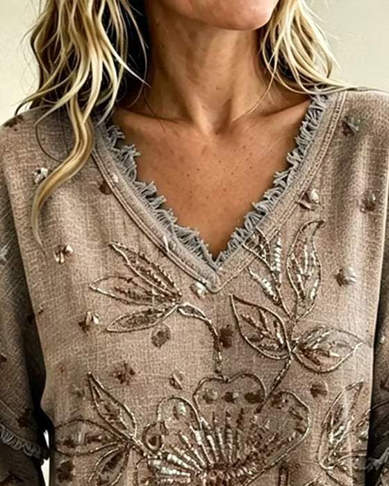 Blouse V-Hals Kwastje Rafelig Driekwart Mouw