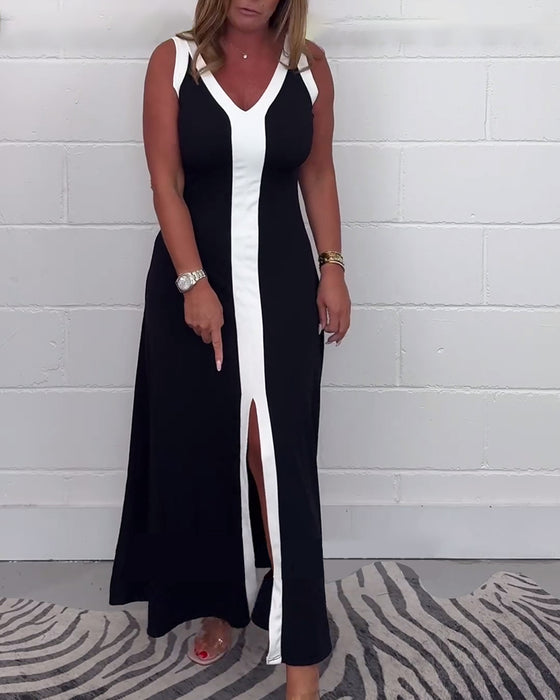 Mouwloze jurk met kleurblokken en split