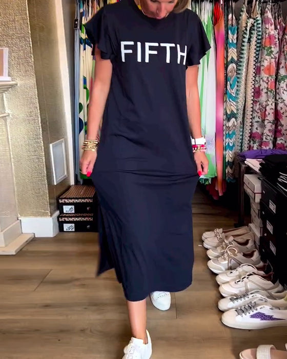 Casual jurk met letterprint en ruches aan de mouwen en split