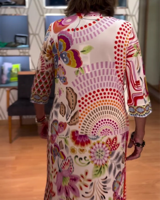 Jurk Etnische Print V-Hals Ellebooglange Mouw