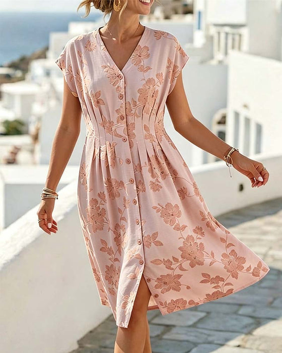 Jurk V-Hals Print Getailleerde Taille Knoopsluiting Voorzijde