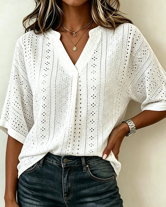 Blouse V-Hals Opengewerkt Effen Halflangemouw