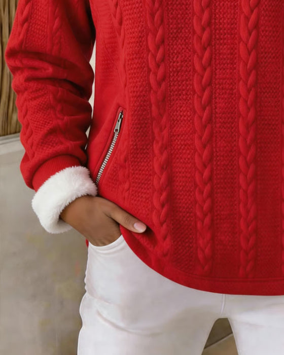 Sweatshirt Kabelbrei Fleece-Gevoerd Halve Rits