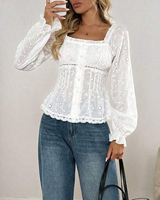 Blouse Vierkante Hals Kant Rand Uitsnijding Ballon Mouw
