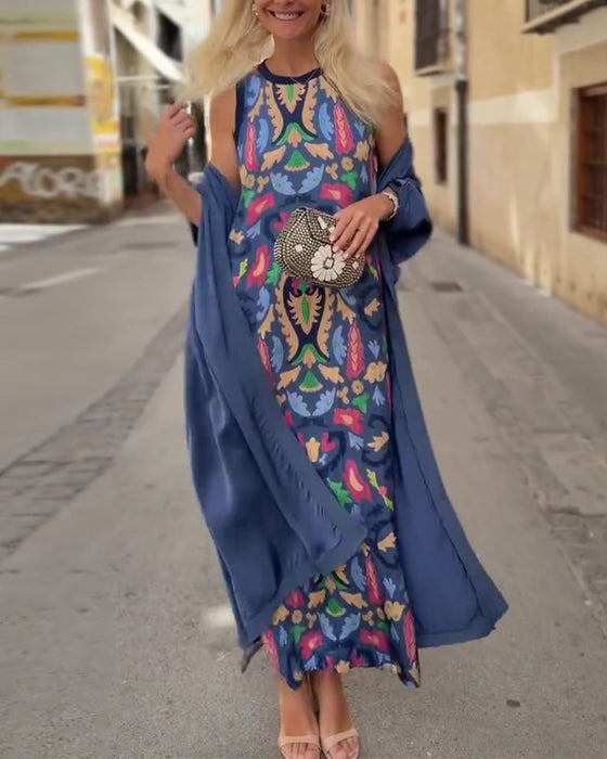 Set Mouwloze Lange Jurk Met Lange Vest