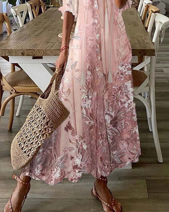 Jurk V-Hals Bloemig Ruffle Volle Rok