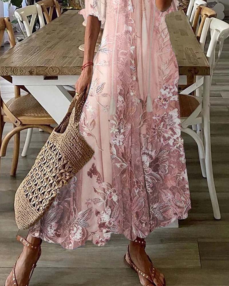 Jurk V-Hals Bloemig Ruffle Volle Rok