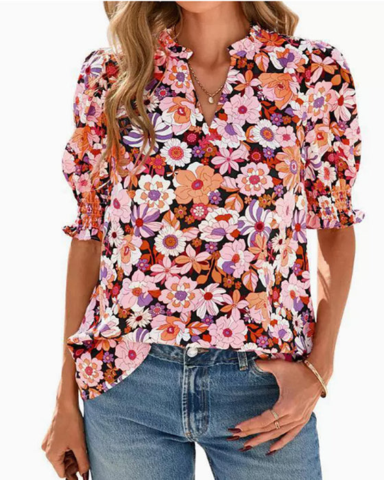 Blouse Bloemenprint Poef Korte Mouw