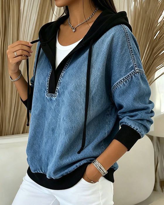 Hoodie Kleurblok V-Hals Trekkoord