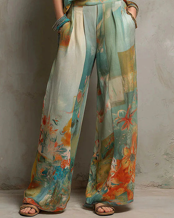 Set V-Hals Bloemige Blouse + Rechte Pijp Broek