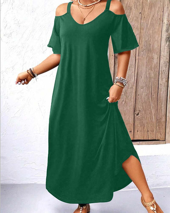 Jurk Effen V-Hals Off-Shoulder Lang