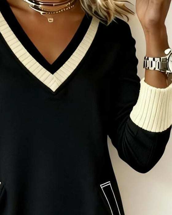 Jurk Lange Mouw V-Hals Contrast Gebreid