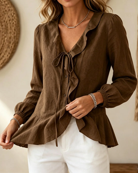 Blouse V-Hals Ruffle Stropdas Lange Mouw