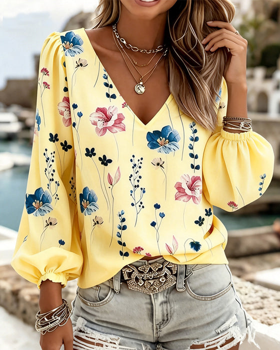 Blouse Lantaarn Mouw V-Hals Bloemig