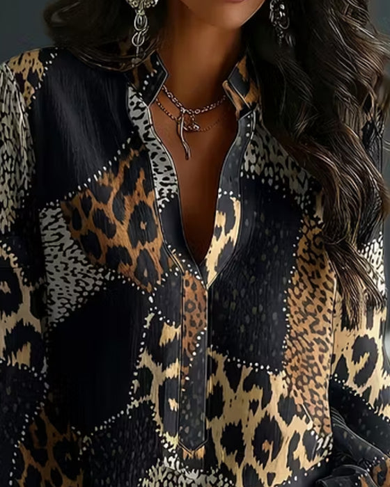 Blouse Mini Mandarin Kraag Luipaard Paneel Relaxed
