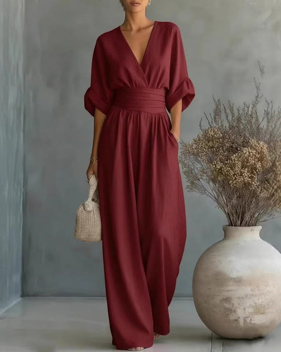 Jumpsuit V-Hals Kruis Getailleerd Breed Been