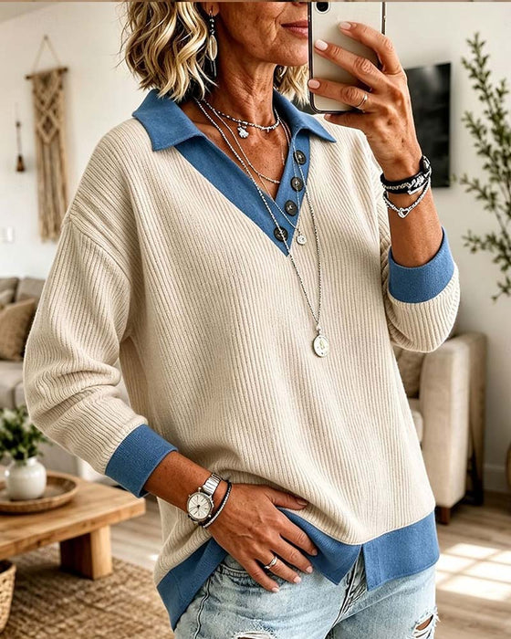 Top Kleurblok V-Hals Casual