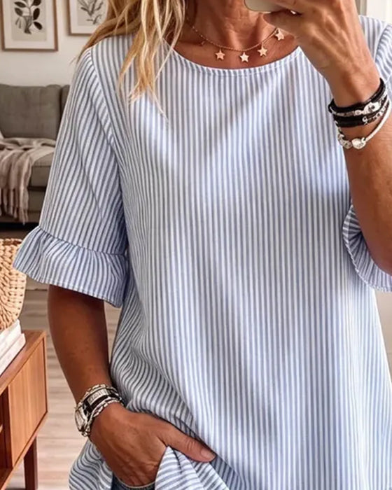 T-Shirts Streep Ronde Hals Ruche