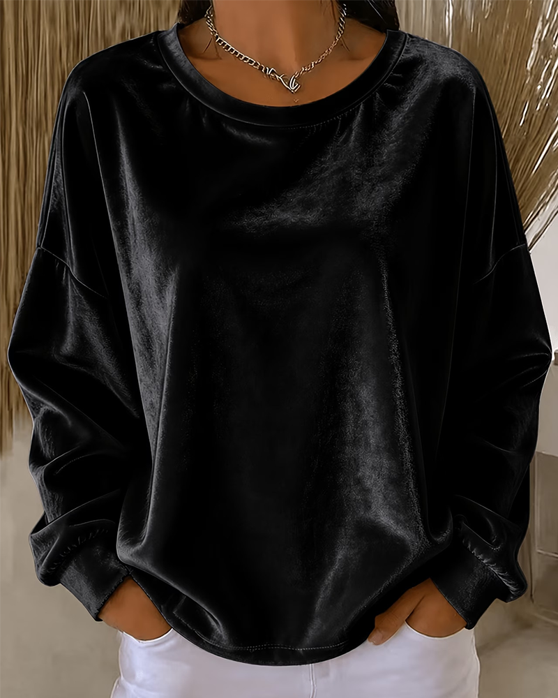 Blouse Ronde Hals Drop Schouder Relaxed Lange Mouw