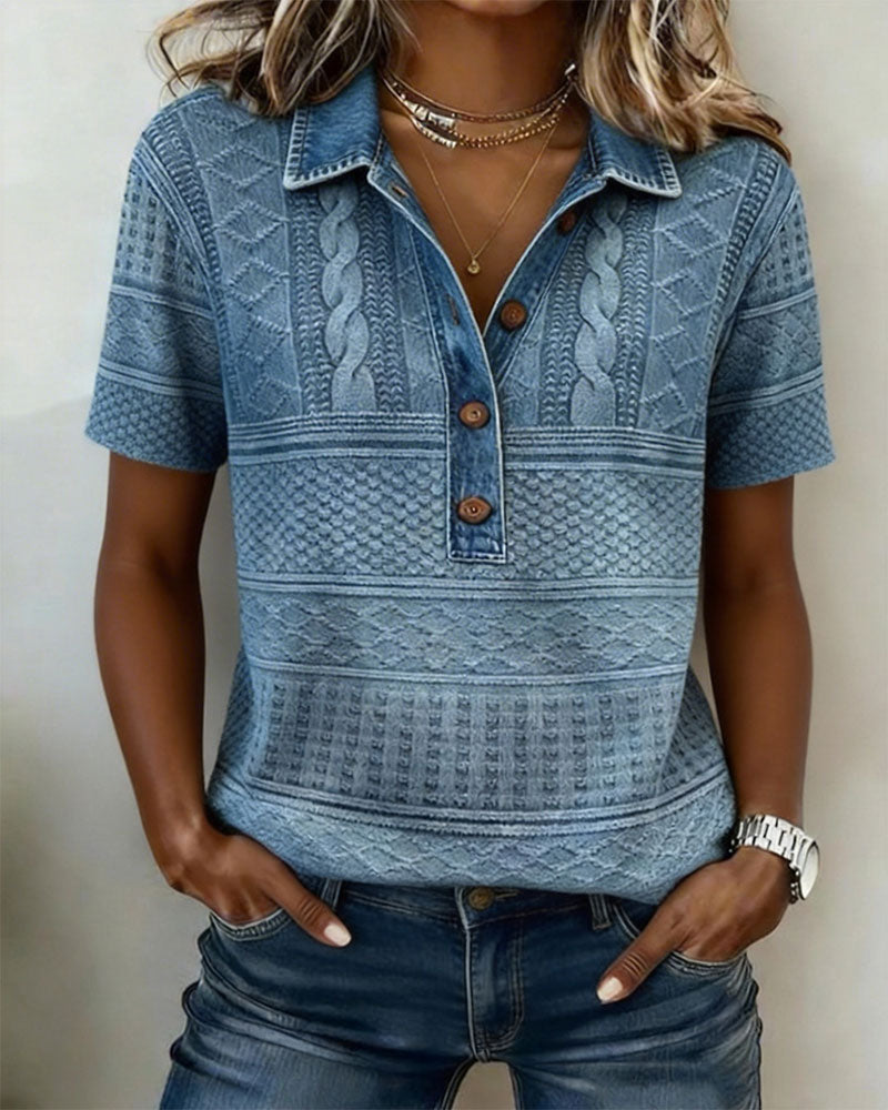 T-Shirt Omslagkraag Denim Bedrukt