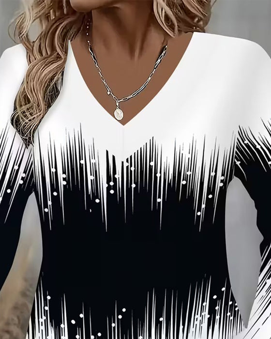 Top Verlopen V-Hals Gedrukt Lange Mouwen