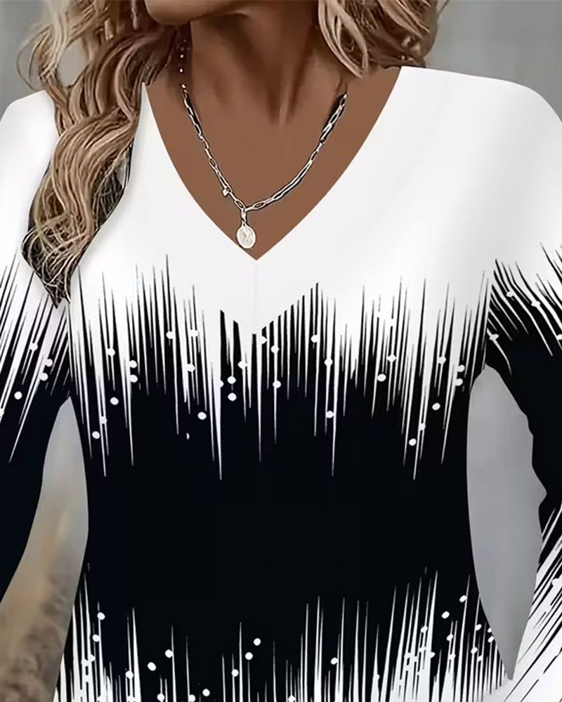 Top Verlopen V-Hals Gedrukt Lange Mouwen