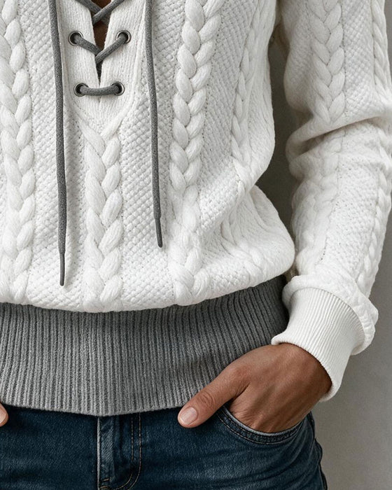 Blouse V-Hals Rijgstrook Kabelbrei Lange Mouw