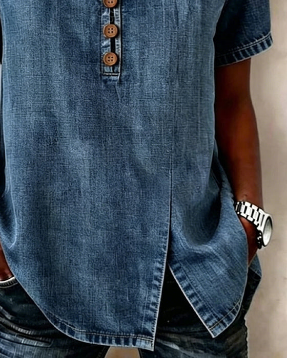 Blouse Van Denim Met Gespleten V-Hals