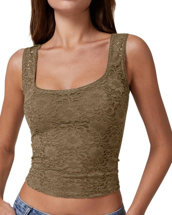 Tank Top Kant Rand Vierkante Hals Mouwloos