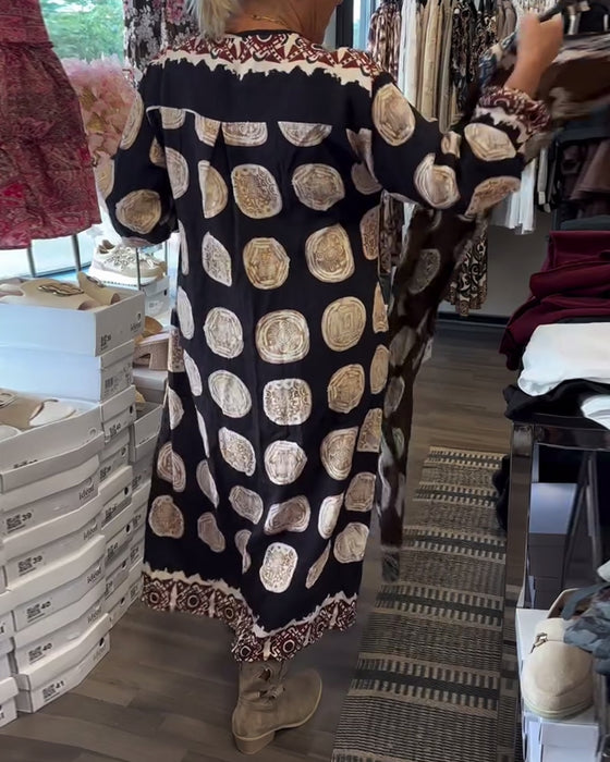 Jurk Lange Mouwen V-Hals Gedrukt