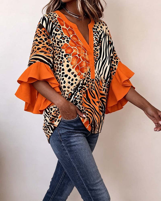 Blouse Zebra Luipaard Print Ruffle Mouw