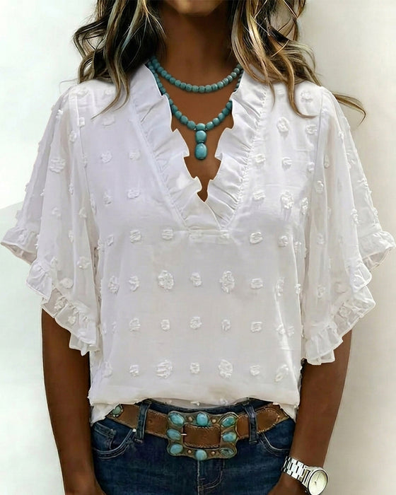 Blouse Jacquard V-Hals Ruche