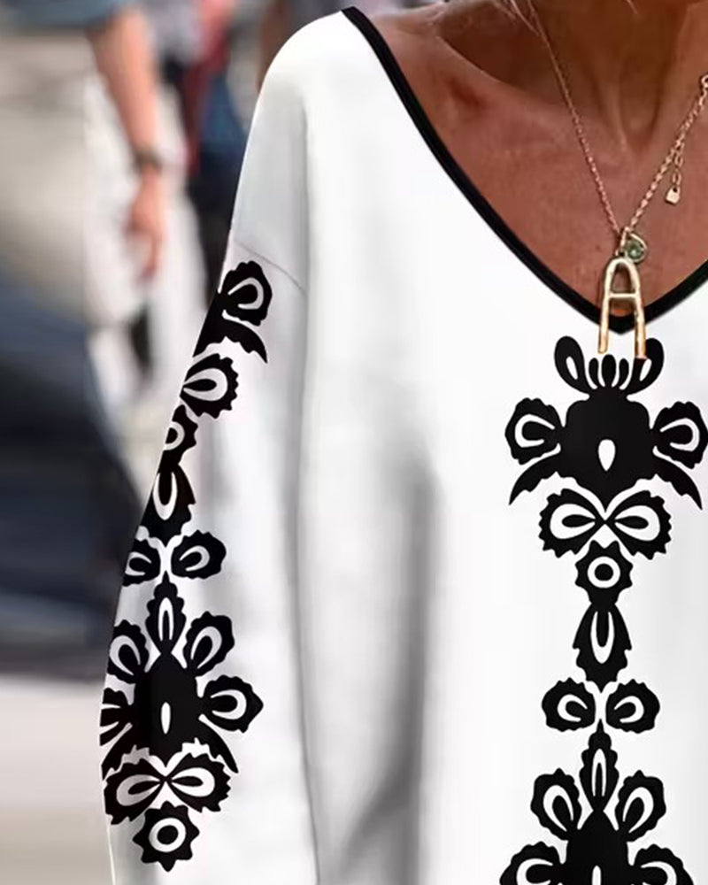 Colour-block V-hals Geprint Langmouwig Topje