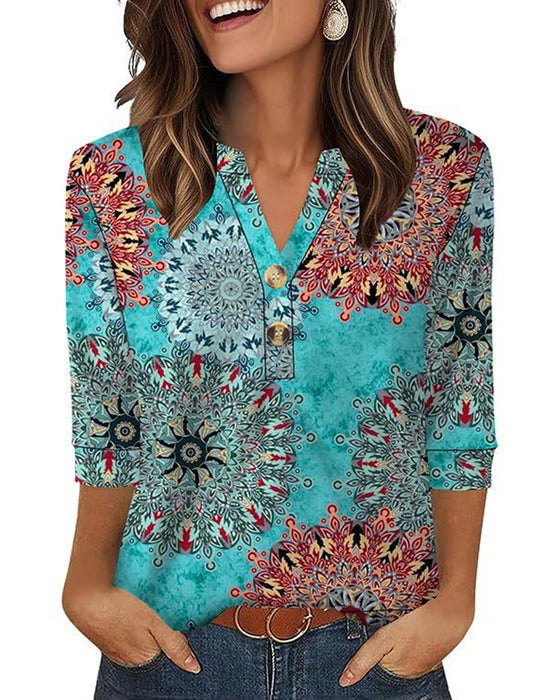 Blouse V-Hals Geknoopt Driekwart Mouw