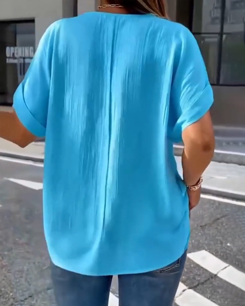 T-Shirt V-Hals Los Gestructureerd