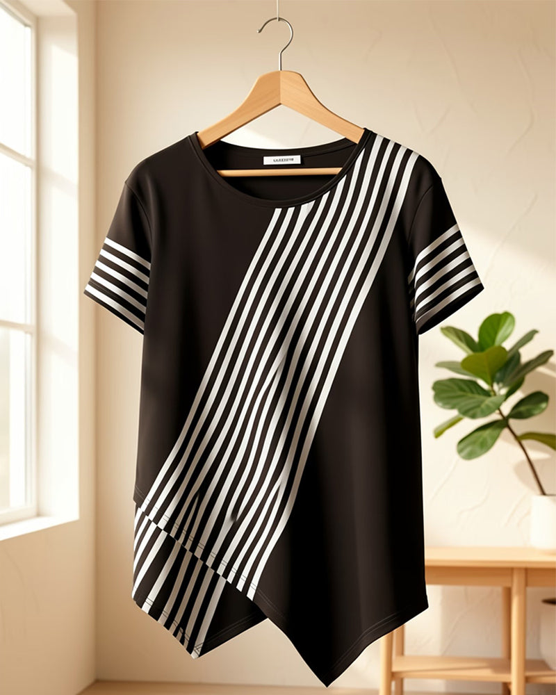 T-Shirt Diagonale Streep Patchwork Rondhals