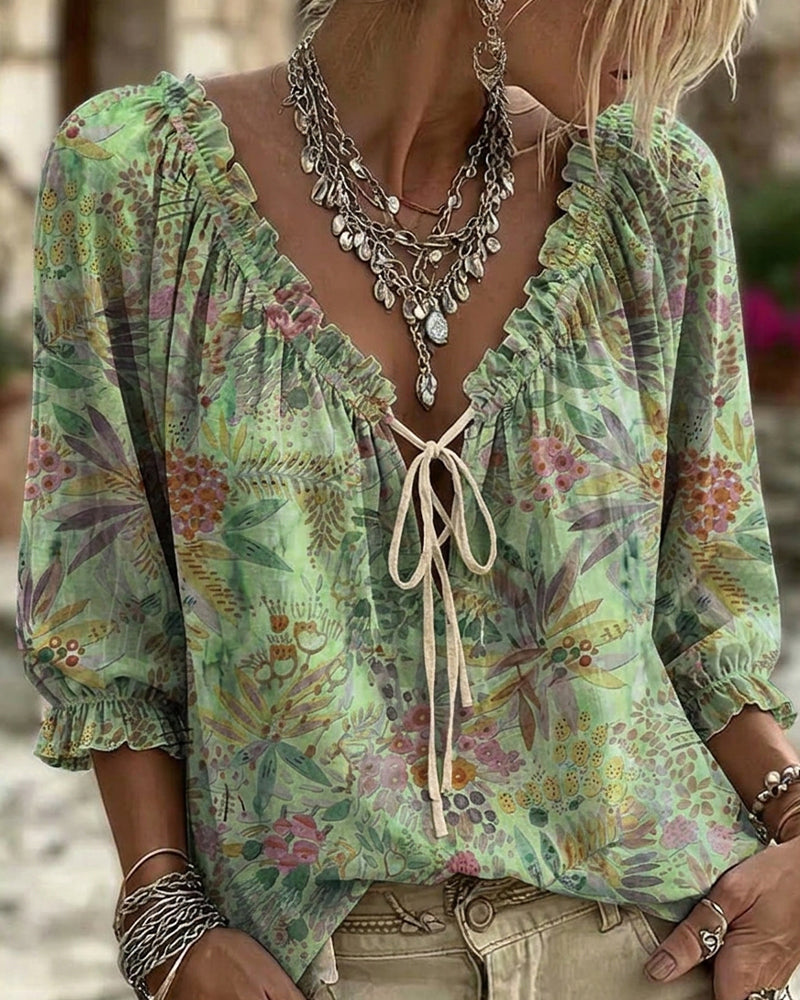 Blouse V-Hals Met Vetersluiting