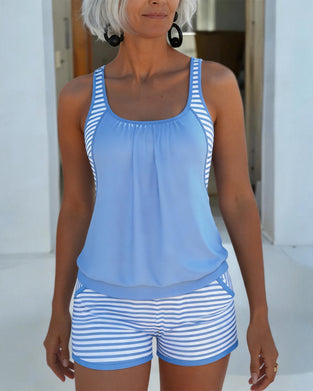Tankini Blauw En Wit Streep Patchwork