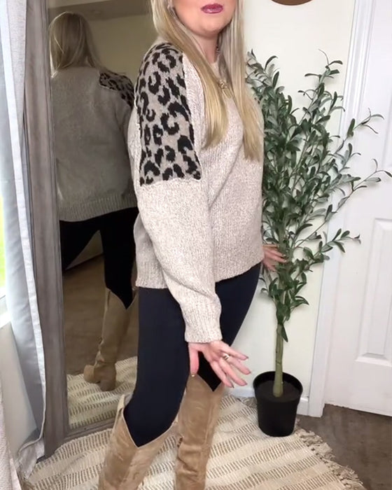 Trui casual ronde hals luipaardprint patchwork