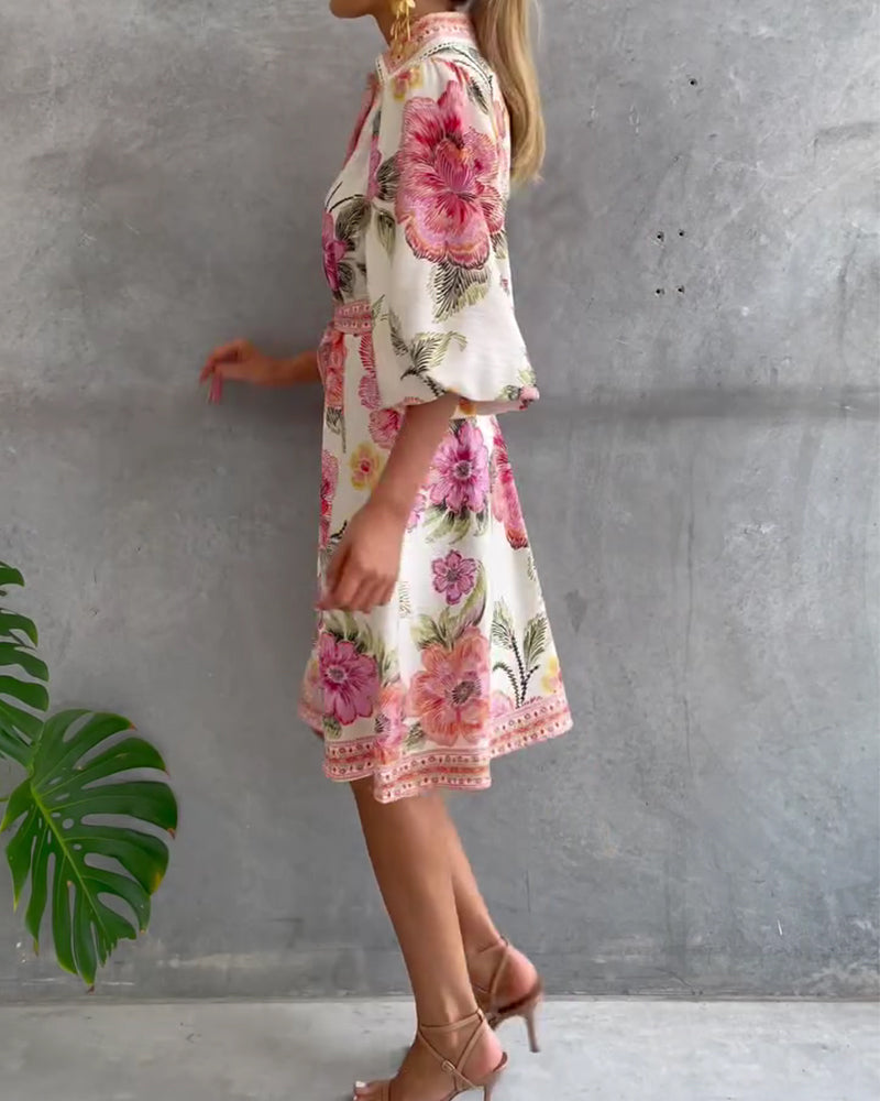 Jurk Frans Lantaarn Mouw Reverskraag Bedrukt