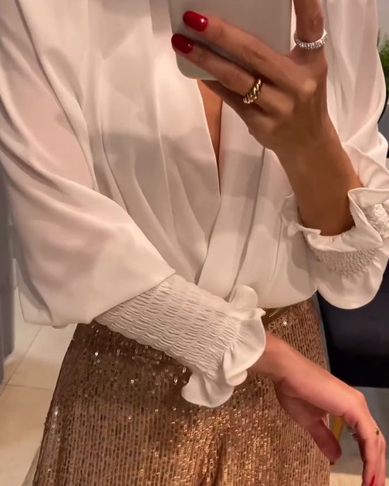 Elegante effen V-hals blouse met lantaarnmouwen