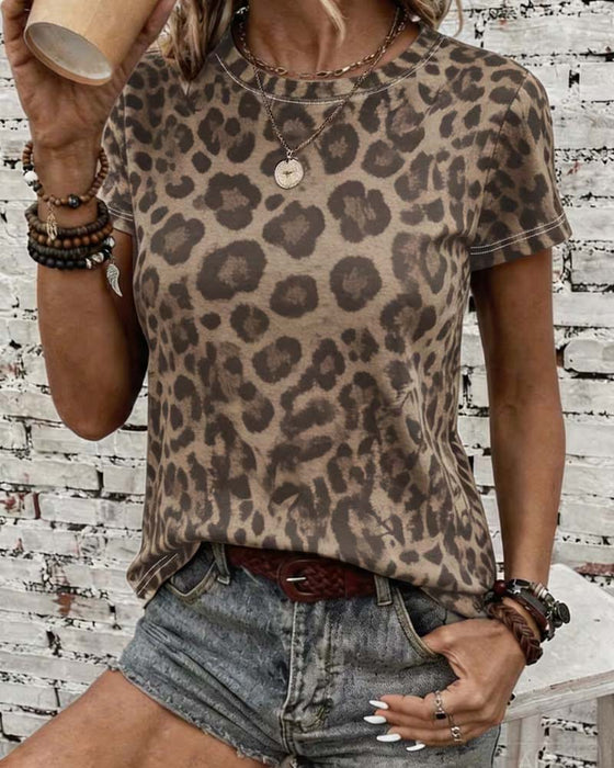 T-shirt Rondhals Luipaardprint Slim-Fit Korte Mouw