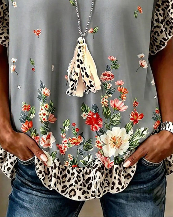 T-Shirt Luipaard Patchwork Bloemenprint